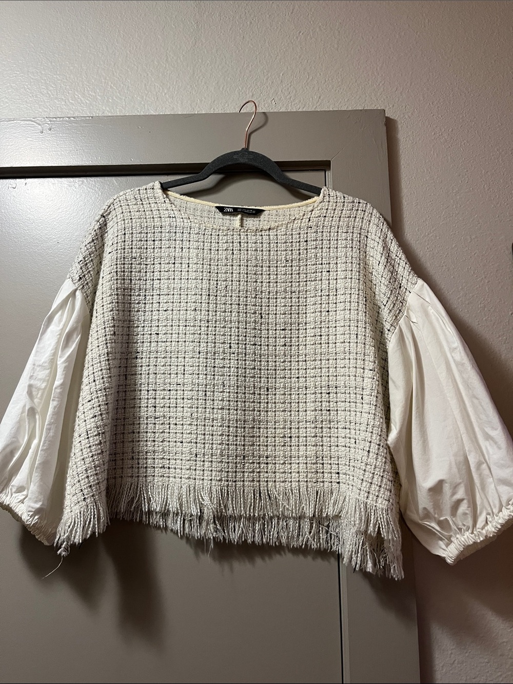 ZARA Cream Tweed Fringe Top with White Puff Sleeves